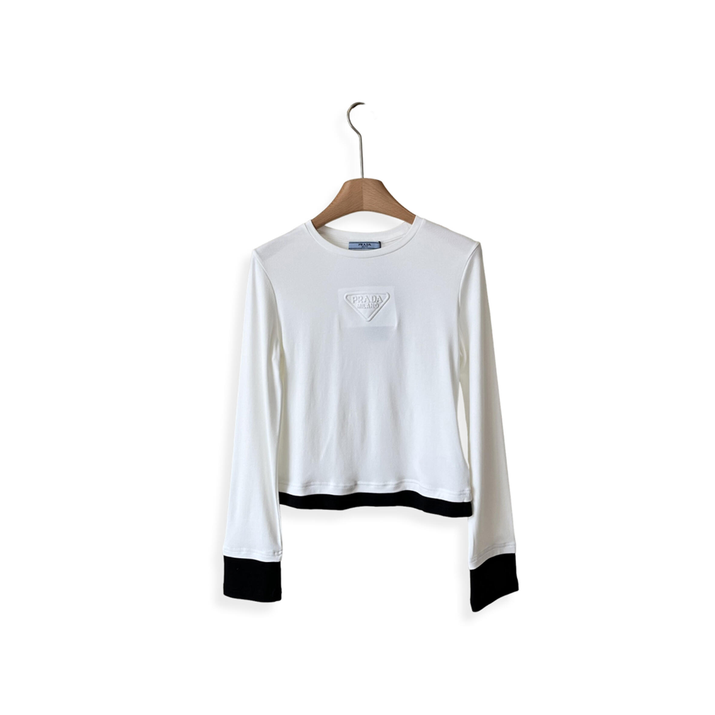 Pra*a faux two-piece triangular letter long-sleeved shirt